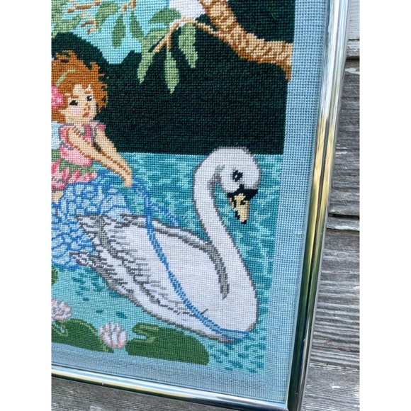 Vintage 1980s Finished Needlepoint picture Fairy Nymph Riding a Swan - Picture 9 of 15